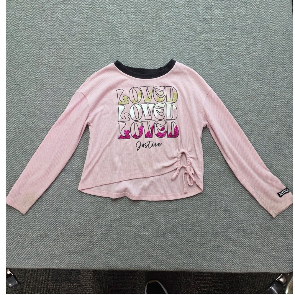 Justice Girls Pink Ribbed Loved Glitter Graphic Side Tie Top Size S 7/8